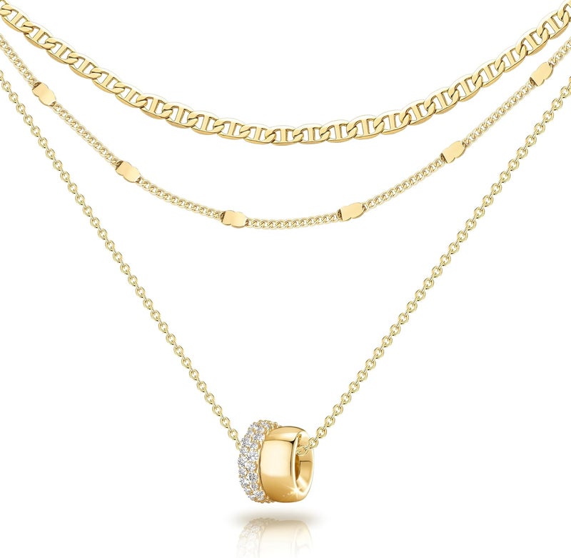 OGD Store Layered CZ Rondelle Pendant Necklaces for Women, 14K Gold Plated Trendy Mariner Chain Dainty Circle Rondelle Pendant Choker Necklace for Women Two-Toned Cubic Zirconia Gold Necklace - Image 1